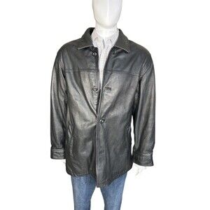 Vintage Outbrook Men's Size L Large Black Leather Jacket Coat Button Up Quilted